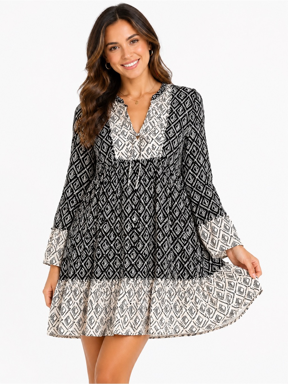 EUC Zara Chic Black and White Patterned Dress‎ with Front Buttons Ruffles & Tie